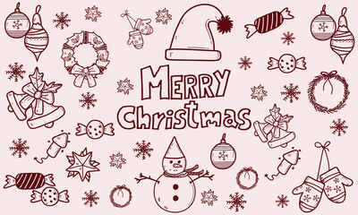 Hand drawn chalk Merry Christmas doodle set. Retro vintage new year party. Christmas tree, gift boxes, stars, winter holiday, champagne, wreath, candle, cake, Christmas toys, bows. Vector illustration