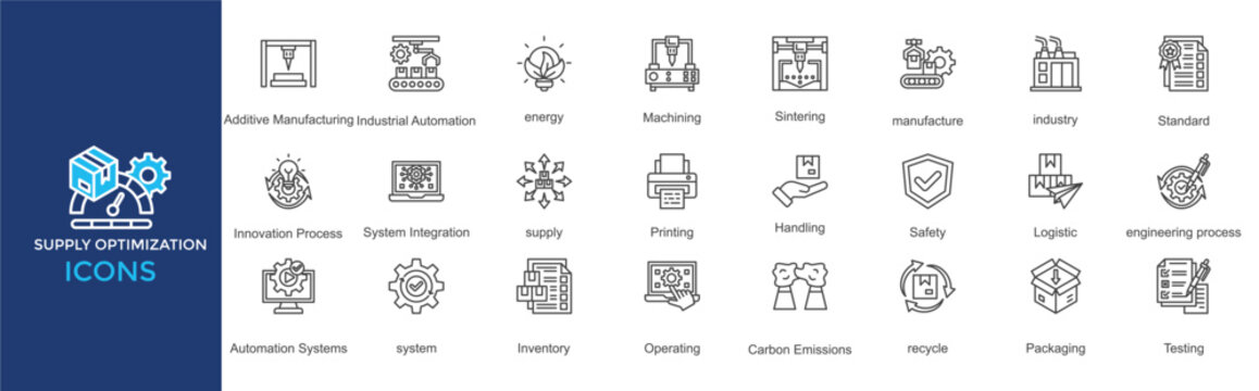 Supply Optimization icon set. Containing Industrial Process, Additive Manufacturing, Industrial Automation, energy, Machining, Sintering, manufacture, industry, Standard