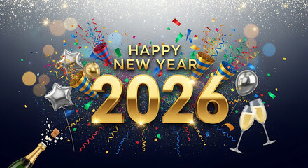 Celebrate 2026 New Year Festive Confetti, Balloons, Champagne Glasses