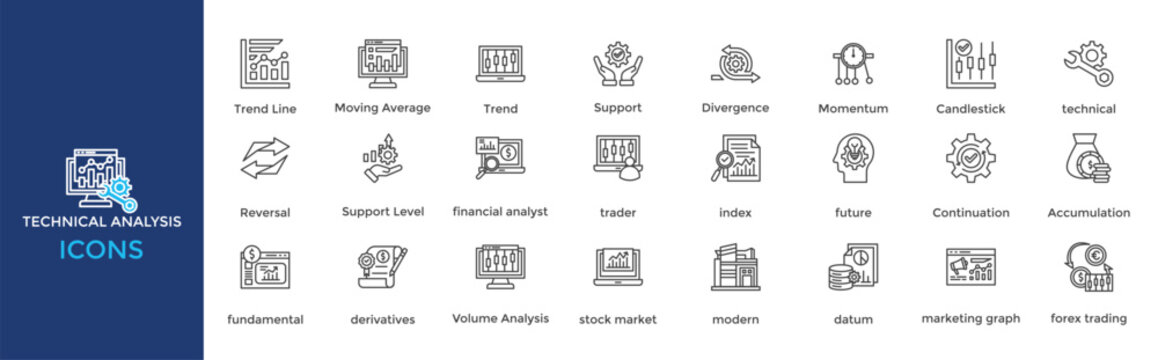 Technical Analysis icon set. Containing Trend Line, Moving Average, Trend, Support, Divergence, Momentum