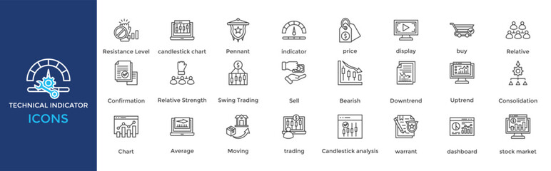 Technical indicator icon set. Containing Pennant, indicator, price, display, buy, Relative, Confirmation