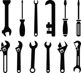 Set of construction tool silhouettes including wrenches and screwdrivers isolated on white background for repair and maintenance vector illustration design