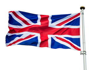 Union jack flag waving in the wind isolated on transparent background, symbol of great britain