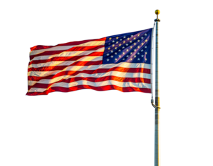 American flag waving proudly on a flagpole isolated on transparent background, symbol of freedom