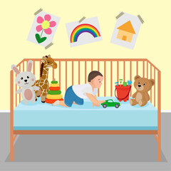 Kid is playing with toys on new born bassinet rabbit bear giraffe plush sand toys card pyramid