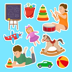 Happy children's day cute stickers kids playing colorful toys ball pyramid car rolling horse