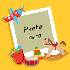 Kid photo frame template with colorful vibrant toys rocking horse pyramid plane flat illustration