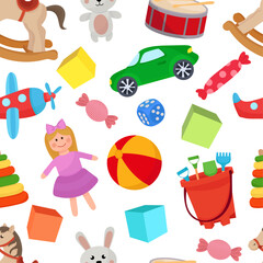 Happy vibrant kid pattern with colorful toys doll ball car rocking horse sweets pyramid cubes