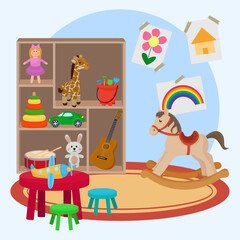 Kid's room bookcase with toys little table chairs rocking horse drawing on wall vibrant flat illustrations