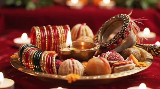Karva Chauth Puja Thali Traditional Indian Festival Setup Diya Bangles