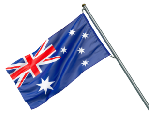 Australian flag waving in the wind isolated on transparent background, a symbol of national pride