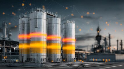 Smart silos equipped with IoT sensors for optimizing storage in an industrial setting during early evening hours - Powered by Adobe