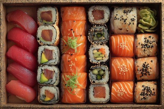 Large set of assorted Japanese rolls featuring tuna and salmon, beautifully arranged for an appetizing presentation in a traditional box setting - Powered by Adobe