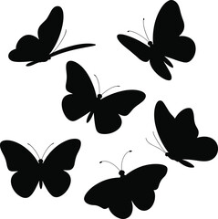 Collection of black butterfly silhouettes vector illustration showing various flying poses isolated on white background for nature design and art.