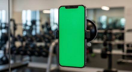 Modern smartphone with an adaptable green screen display securely mounted in a contemporary gym setting, ideal for showcasing fitness apps or digital content
