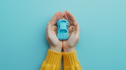 Mobile paper car model on bright blue background. Concept for car insurance, car care, protection and safety, advertising and business illustration.