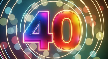 Vibrant neon number 40 glowing brightly with abstract light circles and bokeh effects, symbolizing celebration, anniversary, or a significant milestone