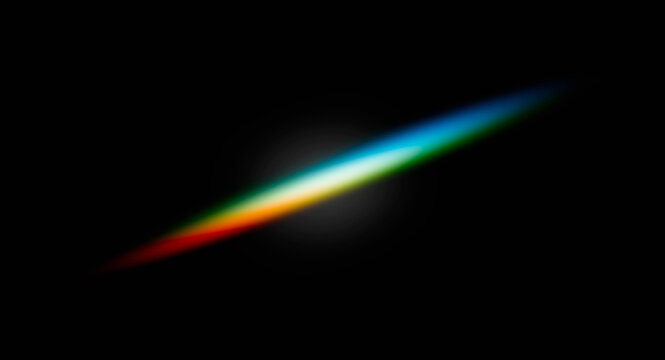  sunlight beam refracted by prism in rainbow colors, black background