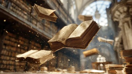 Old books float gracefully in an enchanting library filled with a magical fairy tale atmosphere, inviting readers into a world of imagination and wonder