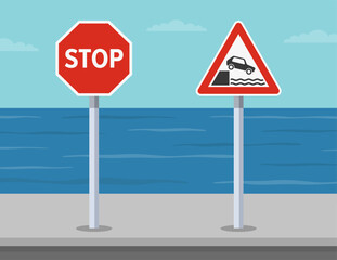 Traffic regulation rules and driving tips. European "stop and unprotected quayside or riverbank ahead" signs at sea or lake background. Flat vector illustration template.