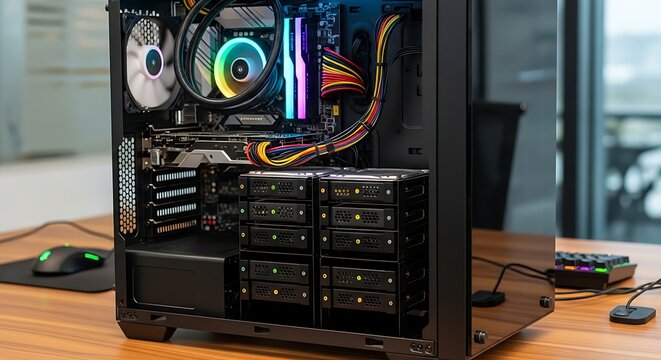 Highperformance gaming pc with custom cooling system and colorful rgb lighting, showcasing the power and aesthetics of modern computer hardware