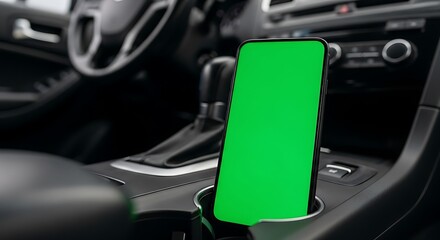 Green Screen Smartphone in Car Holder for Automotive Technology Interface