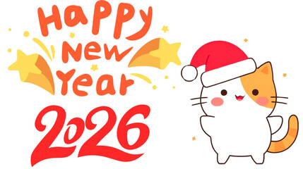 A festive scene with a cute cat wearing a Santa hat celebrating Happy New Year 2026 with stars.
