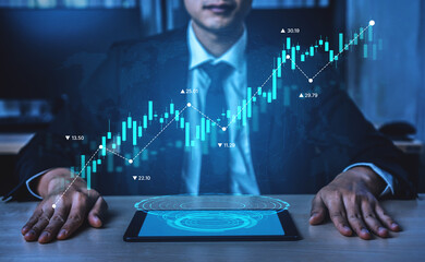 Stock market analysis with candlestick chart and price movement trend line, highlighting global...