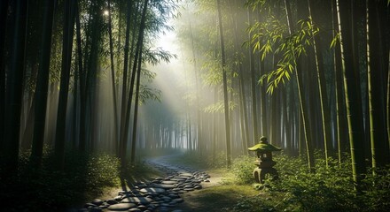 Fototapeta premium Bamboo Forest Path with Sunlight and Figure - Serene Nature Scene.