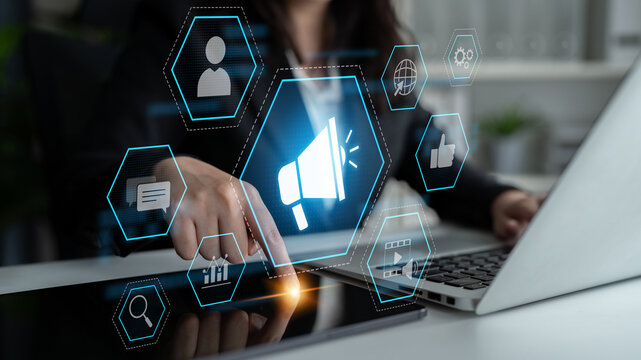 Digital marketing promotion strategy using megaphone, social media marketing, digital ads video content, communication, analytics, and global branding advertisement for business outreach Latch