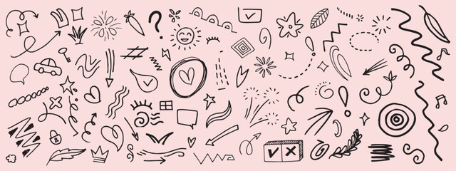 abstract arrows ribbons crowns hearts explosions other elements hand drawn style concept design doodle vector,