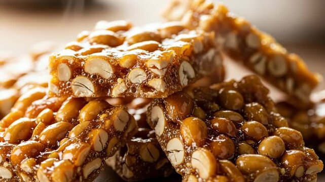 Closeup of pile of glazed nut bars with golden caramel drizzle on wooden surface