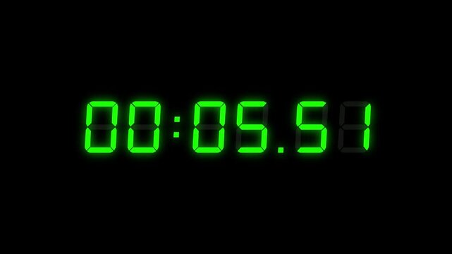 6 Digits Green Digital Countdown Timer Starting at 00:10:00 (10 seconds) on Black Background, Featuring High-Visibility LED Display. 4K Motion Graphics.