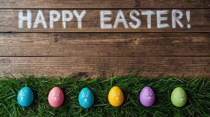 Happy easter message with colorful eggs on grass and wood background