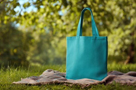 Teal reusable tote bag resting on a picnic blanket surrounded by green grass and trees on a sunny day in an outdoor setting