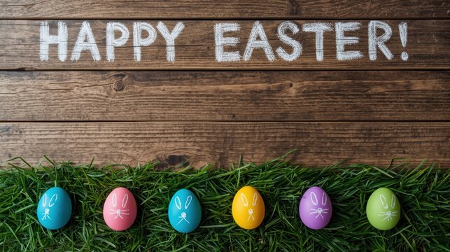 Happy easter message with colorful eggs on grass and wood background - Powered by Adobe