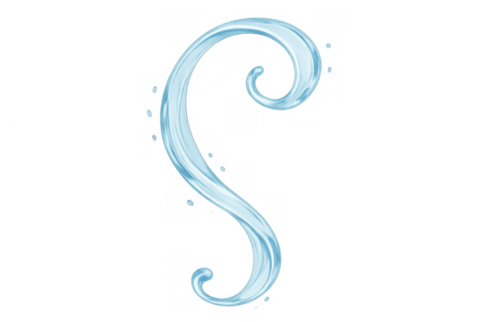 Blue water splash forming an s shape, creating a refreshing liquid flow with swirling motion on transparent background