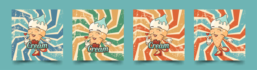 Obraz premium Cute ice cream in a clockwork style on a blue vintage background. Retro 70s-80s