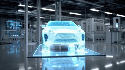 Hologram display shows prototype vehicle in advanced factory setting with modern technology and innovative design features - Powered by Adobe