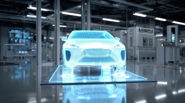 Hologram display shows prototype vehicle in advanced factory setting with modern technology and innovative design features