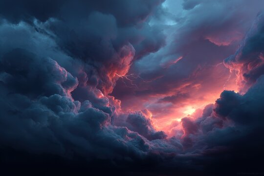 Eerie dusk sky shows swirling storm clouds with vibrant colors as the last rays of sunlight fade into the horizon over a distant landscape