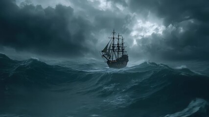 Sailing ship battles stormy seas under dark clouds with turbulent waves and fierce winds in a dramatic maritime scene