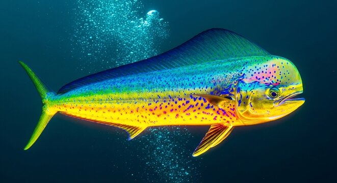 Colorful Mahi-Mahi Fish Swimming Underwater with Bubbles, Vibrant Colors, and Streamlined Body.