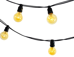 String of warm yellow globe lights hanging against a transparent background isolated on transparent background
