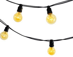 String of warm yellow globe lights hanging against a transparent background isolated on transparent background