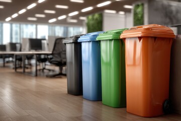 Recycling bins for plastic and cardboard waste placed in a modern office environment promoting eco-friendly practices and sustainability