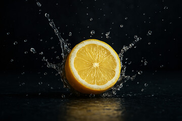 cut lemon with water droplets on a dark background in a studio shot