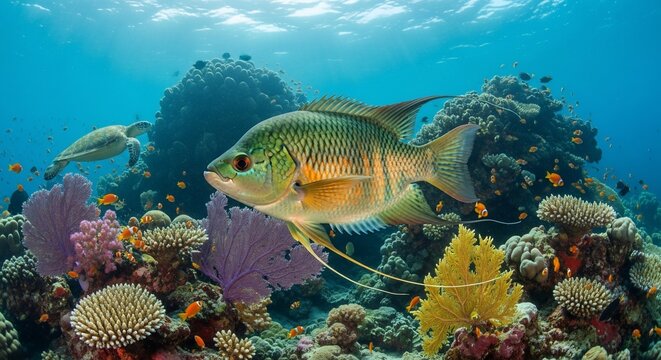 Colorful Reef Fish - Jackknife Fish Swimming Among Vibrant Coral Reefs in Clear Blue Ocean Water.
