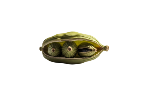 Green cardamom pod with seeds isolated on transparent background