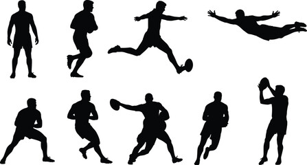 Set of Rugby Player Black Silhouettes Running Kicking and Passing Ball Vector Illustration Isolated on White Background